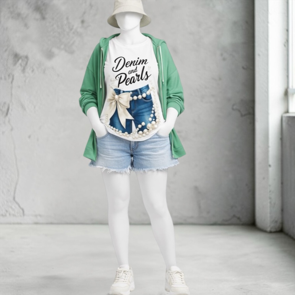New “Denim and Pearls@ Graphic Tee - White - Picture 6 of 13